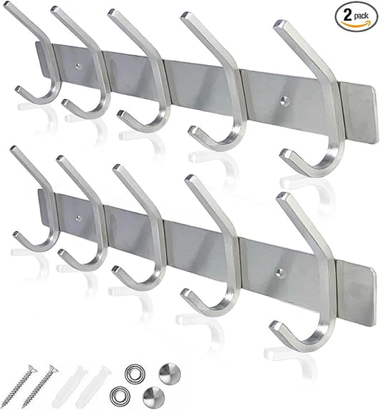 GlazieVault Coat Rack Wall Mount - Stainless Steel (2 Pack) - Heavy Duty Hooks for Hat, Towel, Robes, Jacket, Clothes - Bathroom, Entryway Hanger (Silver J)-NeatNest