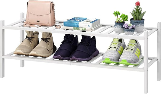 Long Shoe Rack for Entryway,Shoe Organizer for Hallway Closet, Bamboo Wood Shoe Racks for Indoor Outdoor (White, 2-Tier Long)-NeatNest
