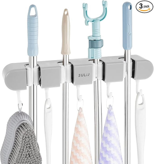 3PCS Broom Mop Holder with Hooks Wall Mounted Broom Storage Rack No Drilling Self-Adhesive Mop Broom Organizer Mop Holder Hanger for Bathroom Office Kitchen Closet Garage,Grey (3)-NeatNest
