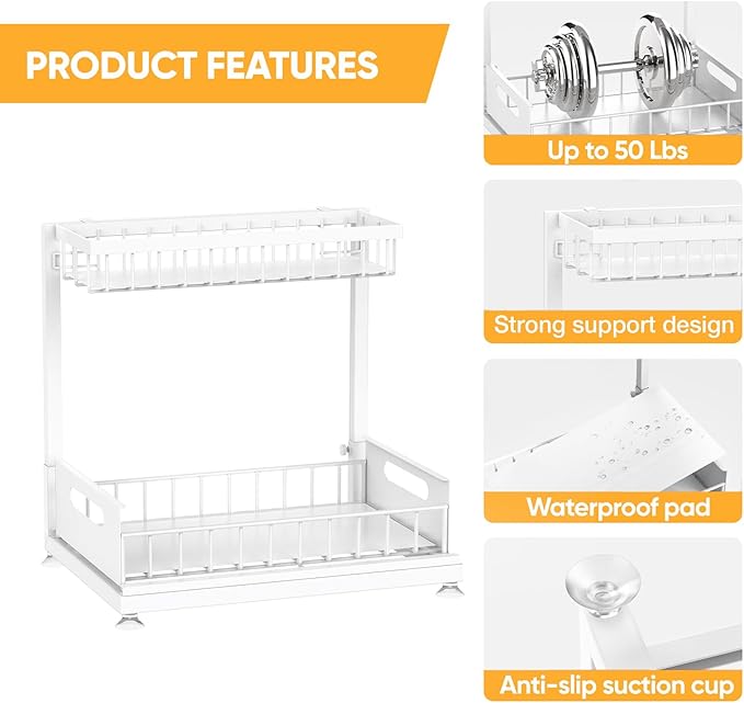 2 Pack Under Sink Organizer Storage 2-Tier Premium Metal Pull-Out Racks, Height Adjustable, Easy Installation | Kitchen & Bathroom Organizers White-NeatNest