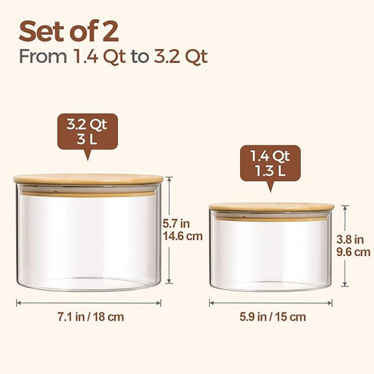 ComSaf Glass Food Storage Containers, 3.2Qt / 1.4Qt Glass Flour and Sugar Containers with Airtight Lids, 7.1'' Wide Mouth Large Glass Jars with Bamboo Lid for Rice, Pasta, Oats, Grains, Cookie, Candy-NeatNest