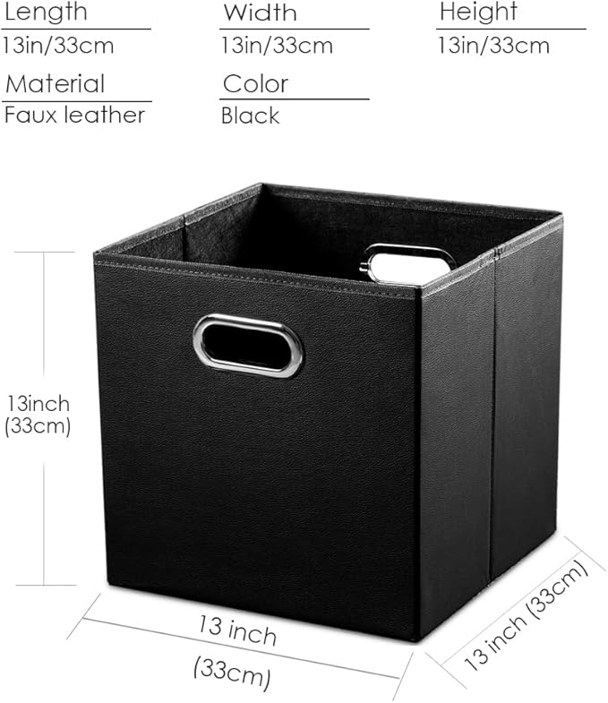 PRANDOM Leather Foldable Cube Storage Bins 13x13 inch [2-Pack] Fabric Storage Baskets Cubes Drawer with Cotton Handles Organizer for Shelves Nursery Closet Bedroom Clothes Black-NeatNest