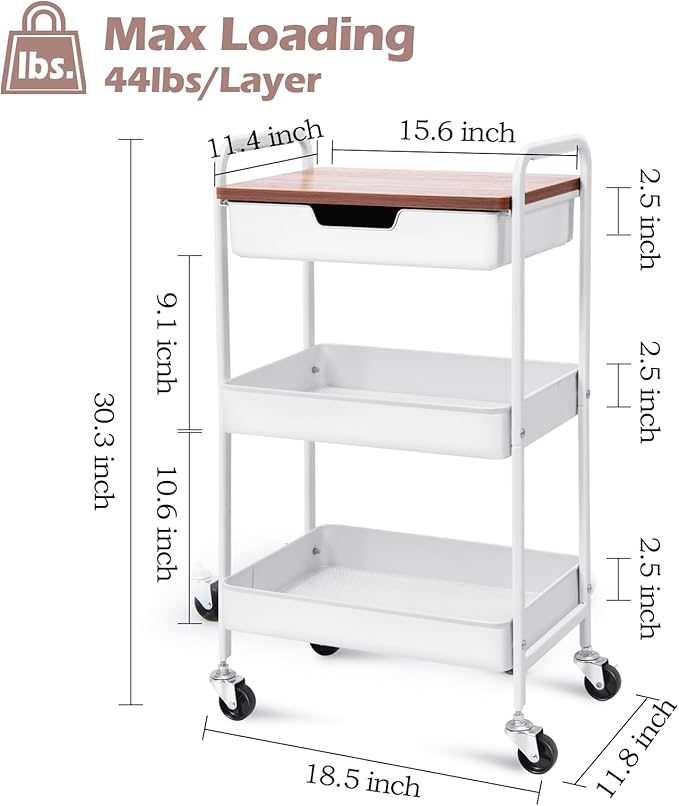 TOOLF 3-Tier Metal Utility Rolling Cart with Drawer & Wooden Table Top, Storage Cart White Trolley Kitchen Organizer Rolling Desk with Locking Wheels for Office, Classroom, Dorm, Bedroom-NeatNest