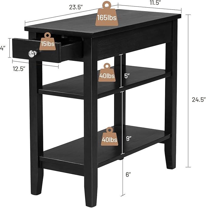 Giantex Set of 2 End Table with Drawer, Narrow Side 2-Tier Open Storage Shelves, Slim Compact Nightstand Bedside for Living Room Bedroom, Black