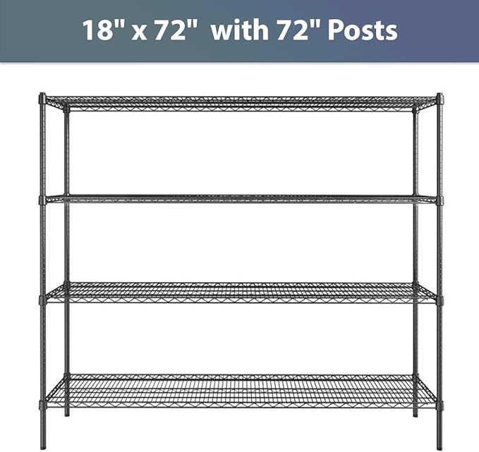 18" x 72" NSF Black Epoxy 4-Shelf Kit with 72" Posts, Commercial Storage Rack Unit, Heavy Duty Storage Shelving, Wire Shelving Kit, Adjustable Rack Strong Steel, Multipurpose Wire Shelf