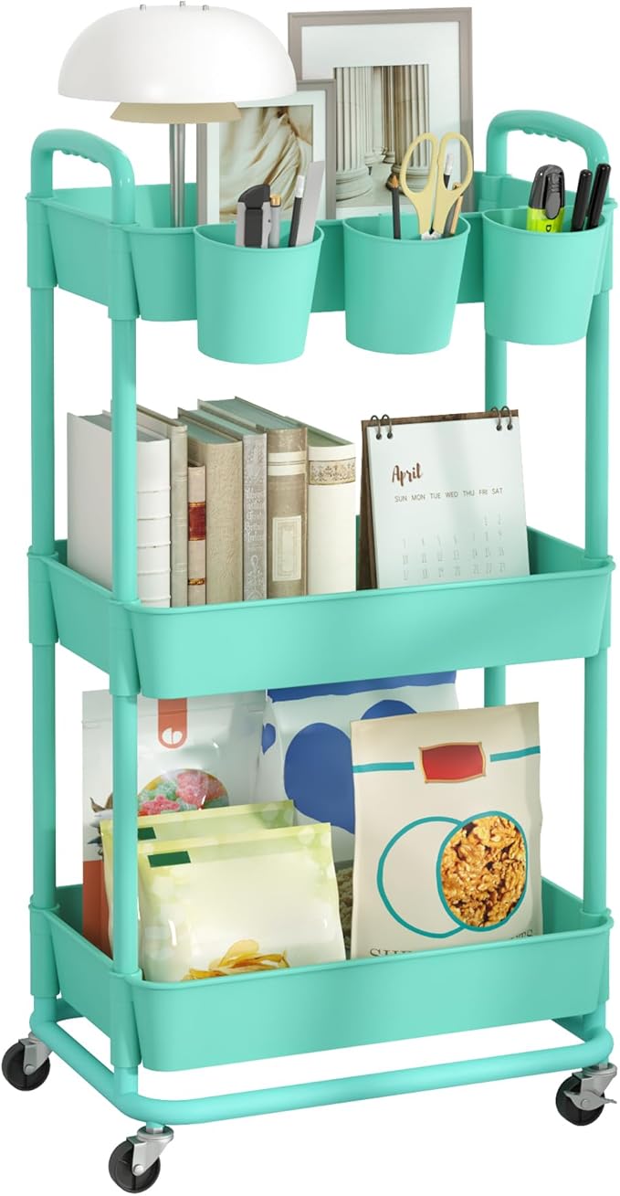 JIUYOTREE 3-Tier Plastic Rolling Storage Cart Utility Cart with Extra Hanging Cups Handles Lockable Wheels for Living Room Bathroom Kitchen Office Green-NeatNest