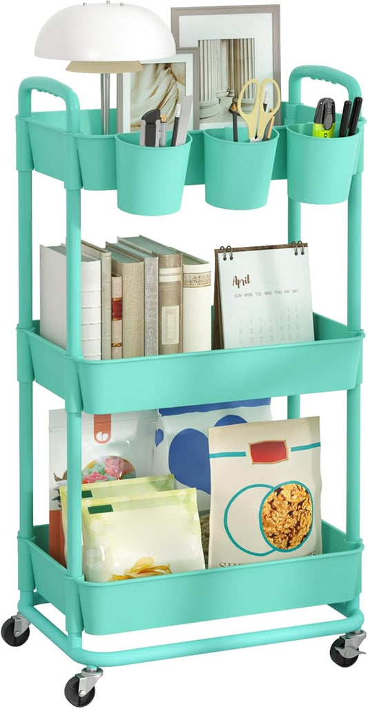 JIUYOTREE 3-Tier Plastic Rolling Storage Cart Utility Cart with Extra Hanging Cups Handles Lockable Wheels for Living Room Bathroom Kitchen Office Green-NeatNest