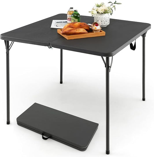 Goplus 34" Square Folding Card Table, Foldable Plastic Folding Tables, Portable Fold Up Table w/Handle, White Indoor Outdoor Utility Bi-Folding Commercial Table for Picnic, Party, Dining, Camping, BBQ-NeatNest