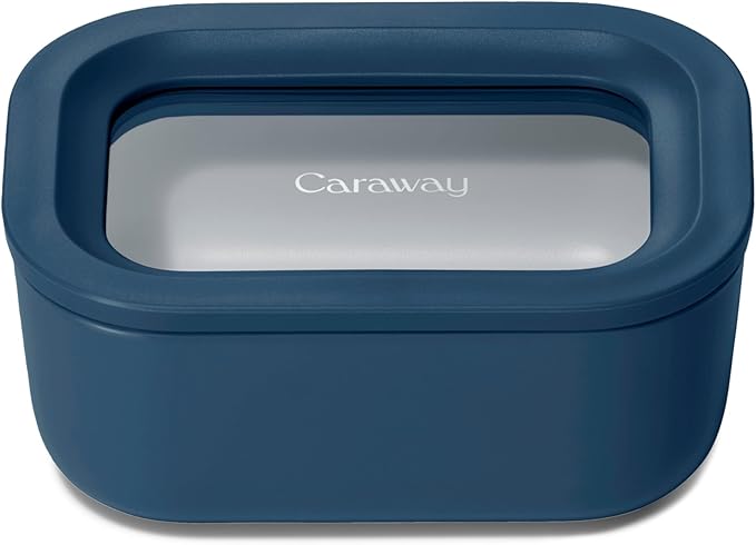 Caraway Mini Rectangle Food Storage Container - 2.6 Cup Glass Storage Container for Food - Non-Toxic Ceramic-Coated Glass - Air Release Technology - Compact & Stackable Design - Navy-NeatNest