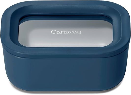Caraway Mini Rectangle Food Storage Container - 2.6 Cup Glass Storage Container for Food - Non-Toxic Ceramic-Coated Glass - Air Release Technology - Compact & Stackable Design - Navy-NeatNest