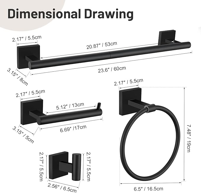 10 Pieces Black Towel Bar Set, 23.6 Inch Bathroom Accessories Set SUS304 Stainless Steel Bathroom Hardware Set Towel Racks for Bathroom Wall Mounted.