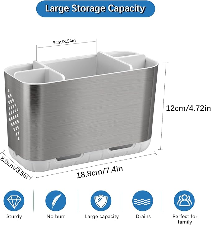 Toothbrush Holders for Bathroom Organizer Countertop, Detachable Anti-Slip Large Electric Toothbrush Holders, Brushed Nickel Toothbrush and Toothpaste Storage Caddy Drainage for Family, Kids