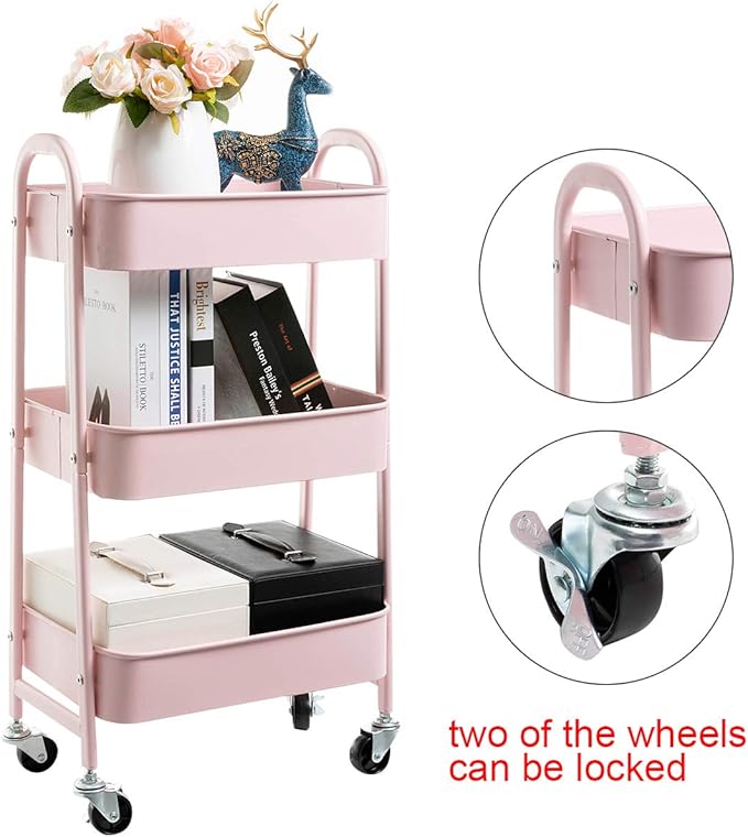 AGTEK Makeup Cart, Movable Rolling Organizer Cart, 3 Tier Metal Utility Cart Pink-NeatNest