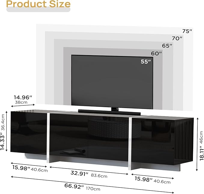 67" Wide High Gloss Modern TV Stand for 60/65/70/75 inch TV, Stylish Entertainment Center with Storage, Media Console for Living Room in Black-NeatNest