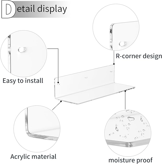 12 Inches Clear Wall Shelves, Moisture-Proof, Acrylic Bathroom Wall Shelves, Clear Floating Shelves for Bathroom, Bedroom, Living Room, Retail, 2 Pack-NeatNest