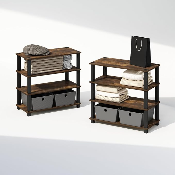 Furinno Turn-S-Tube 4-Tier Multipurpose Standing Shelves, Amber Pine/Black, Set of 2-NeatNest