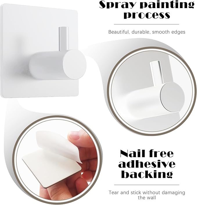 4PCS Adhesive Matte White Self-Adhesive Towel Hook, Waterproof Shower Wall Hook, Heavy-Duty Stainless Steel Adhesive Hook for Bathroom, Kitchen, Bedroom, Suitable for Hanging Clothes, Hats, Bags, Keys