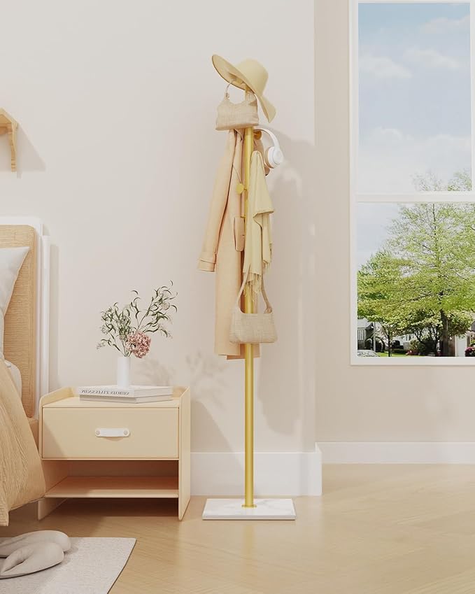 Coat Rack Freestanding, Small Standing Coat Tree with Heavy Rock Slab Base, Modern Metal Coat Hanger Stand with 8 Hooks, Garment Rack, 11.8 x 11.8 x 68.9 In, Gold, GYJ002WJ-NeatNest