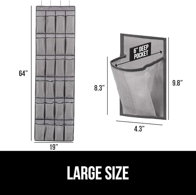 GORILLA GRIP Over the Door Shoe Organizer, 24 Extra Large Breathable Mesh Pockets, Space Saving Hanging Storage Holder, 4 Hook Closet Rack Hanger, Hangs on Closets for Shoes and Accessories, Gray-NeatNest
