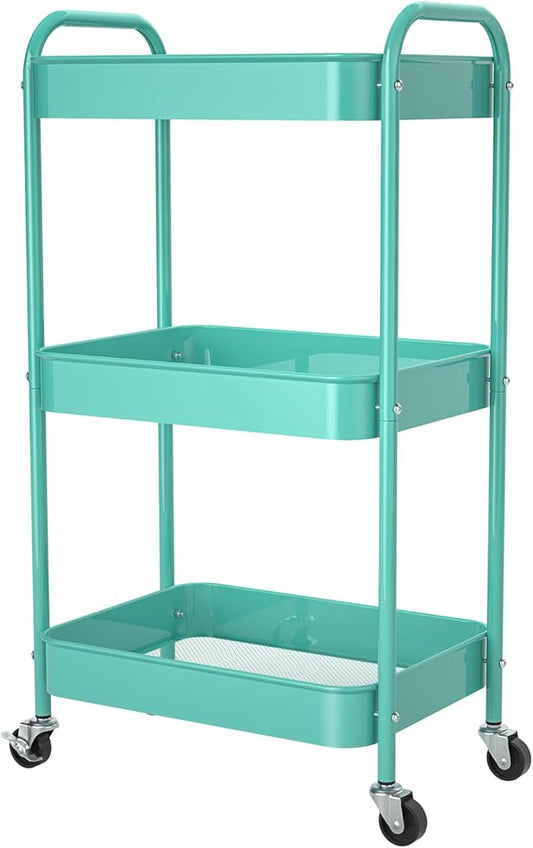 3-Tier Rolling Metal Storage Cart with Wheels, Multi-Functional Organizer for Office, Kitchen, Bathroom, Books Diapers - Easy Assembly (Blue)-NeatNest