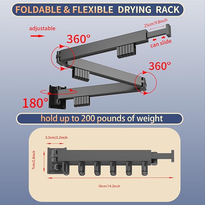 Clothes Drying Rack, Laundry Drying Rack Wall Mount for Bathroom, Retractable and Foldable Clothes Hanging Rack with U-Hooks for Laundry Room, Balcony, Closet, Bedroom(Tri-Fold), Black-NeatNest