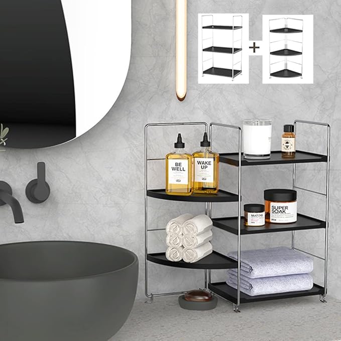 3-Tier Bathroom Countertop Organizer , Vanity Tray Cosmetic & Makeup Storage, Kitchen Spice Rack Standing Shelf , Corner Storage Shelf , Silver&Black-NeatNest