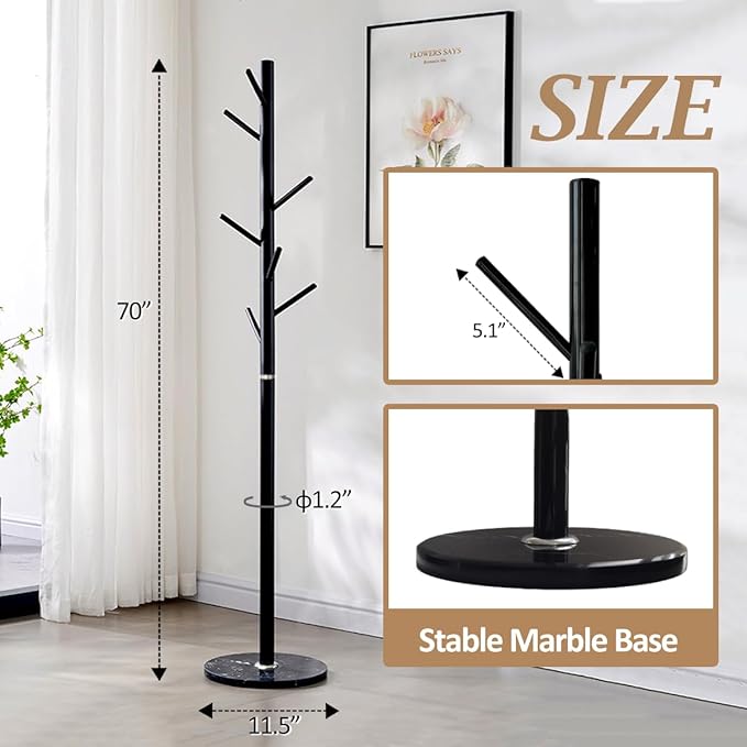 Kertnic Metal Coat Rack Stand, Free Standing Coat Rack with Stable Marble Base, High-Grade Coat Tree with 7 Hooks Metal Hall Tree Bedroom Floor Hat & Clothes Hanger (Black)-NeatNest
