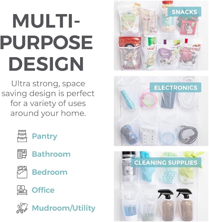 HOME GENIE Over the Door Hanging Shoe Organizer, 24 Breathable Mesh Pockets, Closet Rack Storage Holder, Stay in Place Hooks Hang on Closets, Hanger Holds Up to 40 lbs for Shoes, Accessories, White-NeatNest