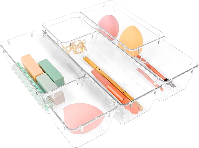 25 PCS Clear Plastic Drawer Organizer Set,Vanity Organizer Storage Bins Containers,4 Size Desk Drawer Organizer Tray-NeatNest