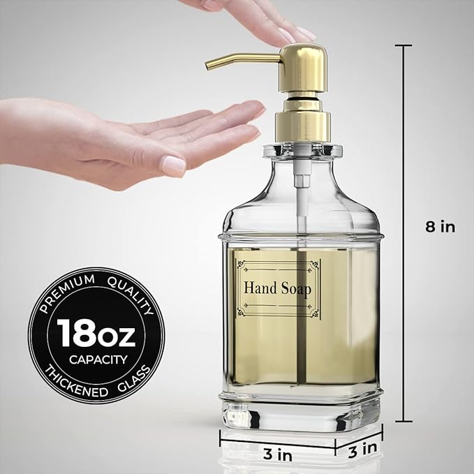 GLADPURE Soap Dispenser - 2 Pack, 18 Oz Antique Design Thick Glass Hand Soap Dispensers; with 304 Rust Proof Stainless Steel Pump, 6Pcs Clear Stickers, for Kitchen, Bathroom - Gold-NeatNest