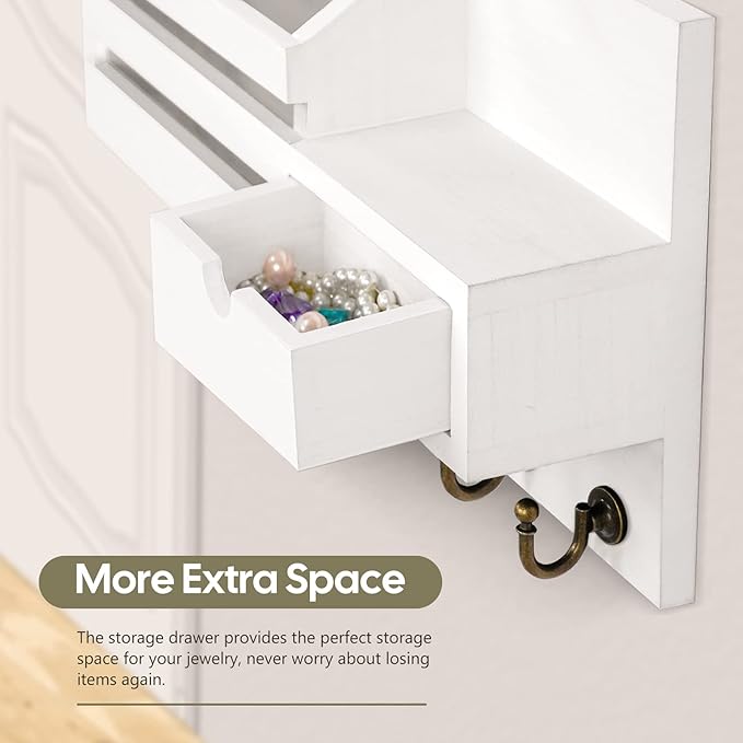 FifthQuarter Key and Mail Holder for Wall, Mail Organizer Wall Mount with 6 Hooks and Storage Drawer, Easy Installation Key Rack for Entryway and Home Decor (A-White)
