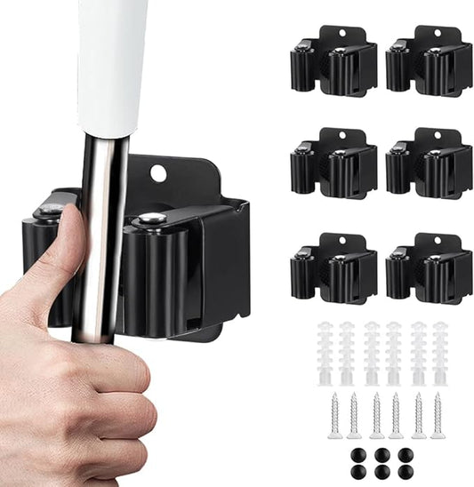 6PCS Broom and Mop Holder, Heavy Duty Garden Tool Organizer Rack Rake and Shovel Handle, Stainless Steel Mop Hanger. Screws for Wall Mounted. Matte Black-NeatNest