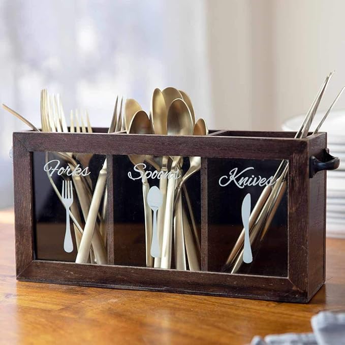 BLU MONACO Espresso Wooden Cutlery & Utensil Caddy – Silverware Organizer Bin for Forks, Spoons, Knives – Perfect for Kitchen Countertop-NeatNest