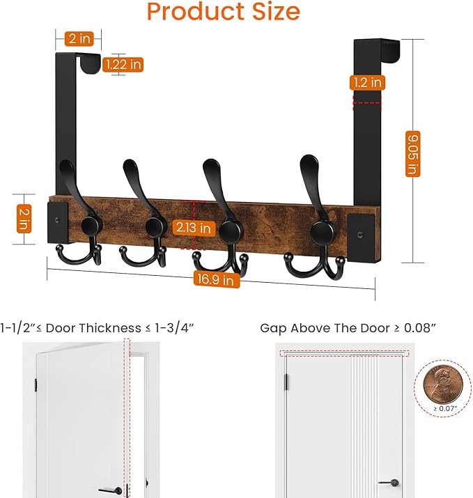 Homode Over The Door Hooks for Hanging, Heavy Duty Wood Over Door Hanger Hook, Over The Door Towel Coat Rack for Bathroom, Back of Door Hooks for Hanging Towels, Clothes, Hats, Rustic Brown Black