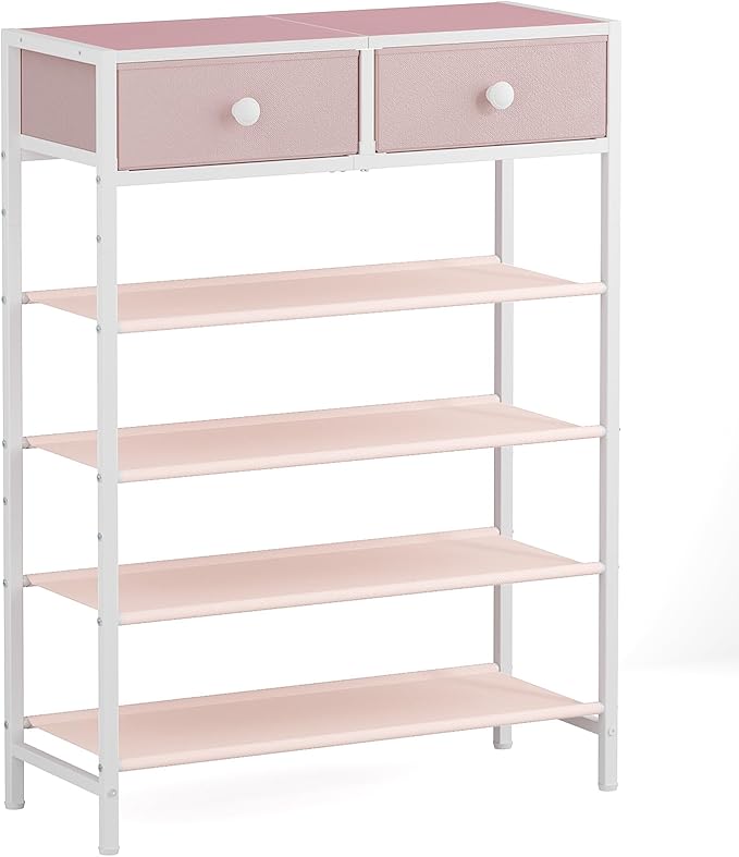 Shoe Rack, 5 Tier Shoe Organizer with 2 Drawers, Metal Shoe Storage for 16-20 Pairs of Shoes with Fabric Shelves and Wooden Top, Narrow Shoe Shelf for Closet Entryway Pink-NeatNest