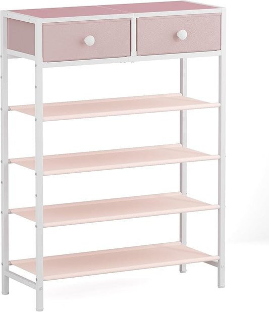 Shoe Rack, 5 Tier Shoe Organizer with 2 Drawers, Metal Shoe Storage for 16-20 Pairs of Shoes with Fabric Shelves and Wooden Top, Narrow Shoe Shelf for Closet Entryway Pink-NeatNest