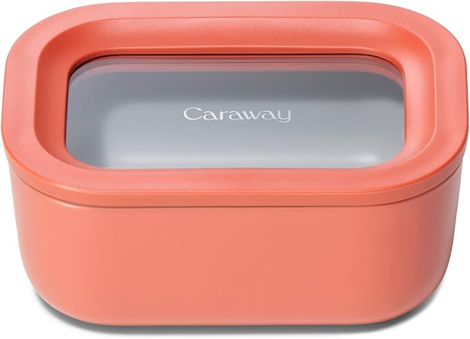 Caraway Mini Rectangle Food Storage Container - 2.6 Cup Glass Storage Container for Food - Non-Toxic Ceramic-Coated Glass - Air Release Technology - Compact & Stackable Design - Perracotta-NeatNest