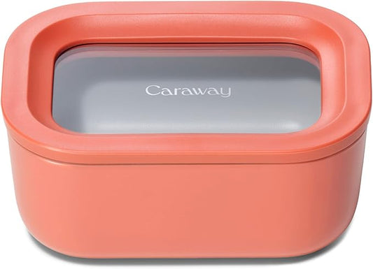 Caraway Mini Rectangle Food Storage Container - 2.6 Cup Glass Storage Container for Food - Non-Toxic Ceramic-Coated Glass - Air Release Technology - Compact & Stackable Design - Perracotta-NeatNest