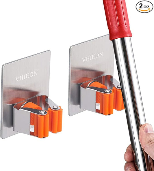 Broom and Mop Holder Wall Mounted, Stainless Steel Self-Adhesive Single Broom Hanger Hook,Organizer Rack for Kitchen Garage Closet Pantry Refrigerator,Rectangle - Orange (2 Pack)