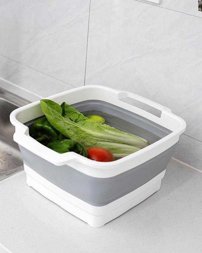 Collapsible Wash Basin with Drain Plug 9L (2.4Gal), Dishpan for Washing Dishes Basin,Collapsible Dish Tub Portable Sink for Kitchen Sink, Camping RV Washing Tub(Gray)-NeatNest