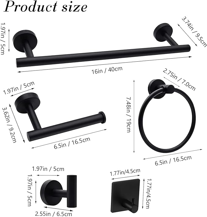 14-Pieces Matte Black Bathroom Accessories Set, Stainless Steel Bathroom Hardware Set, Bath Towel Bar Set, Towel Racks for Bathroom Wall Mounted.