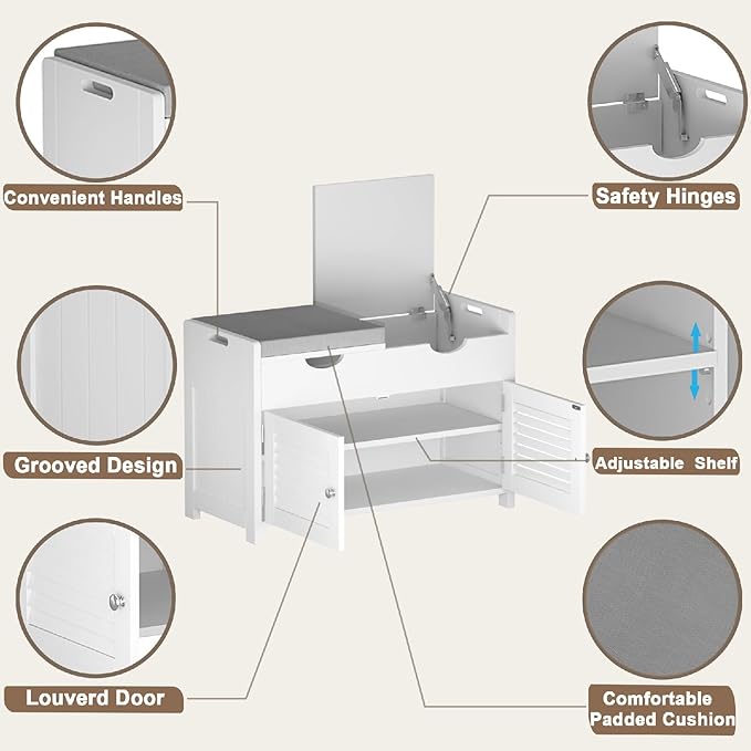 ChooChoo Shoe Storage Bench with Lift Top Storage, Entryway Bench with 2 Cushioned Seats, 3 Compartments, Adjustable Shelf, Shoe Cabinet for Entryway, Bedroom, Living Room, White-NeatNest