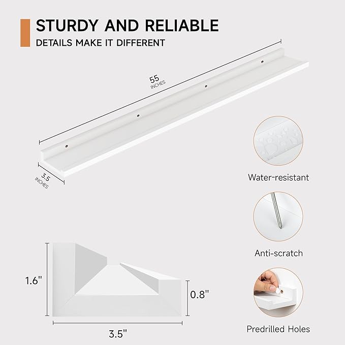Floating Picture Ledge Shelves for Wall Set of 2, 55 Inches Picture Shelf with Ledge, Nursery Book Shelf for Toys Storage Kids Bookshelf Wall Mounted Living Room Bedroom Decor Frames, White-NeatNest