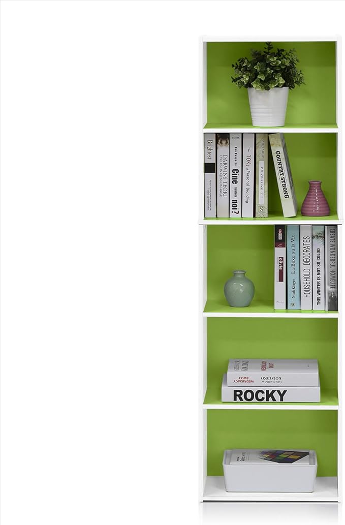 Furinno Luder Bookcase / Book / Storage , 5-Tier, White/Green-NeatNest