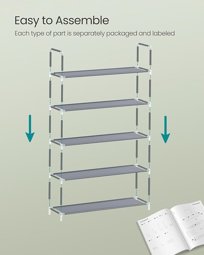 SONGMICS 5-Tier Shoe Rack, Shoe Storage for Hallway Closet, Slim and Space-Saving, Metal Frame, Non-Woven Fabric Shelves, Grey ULSH055G01V1-NeatNest