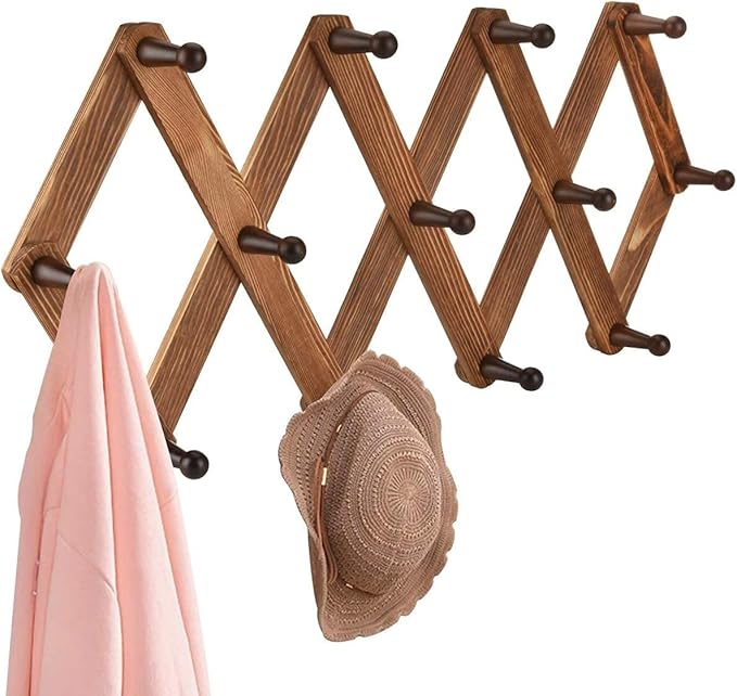 Homode Vintage Wood Expandable Peg Rack- Multi-Purpose Accordion Wall Hangers with 13 Hooks for Hats, Coat, Mugs, Scarf, Jewelry Storage-NeatNest