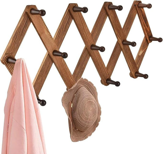 Homode Vintage Wood Expandable Peg Rack- Multi-Purpose Accordion Wall Hangers with 13 Hooks for Hats, Coat, Mugs, Scarf, Jewelry Storage-NeatNest