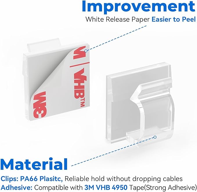 Cable Clips 50pcs with Strong Adhesive Tapes,Wire Holder Organizer Cord Management for Car, Office and Home (Clear-CC06(50PCS))-NeatNest