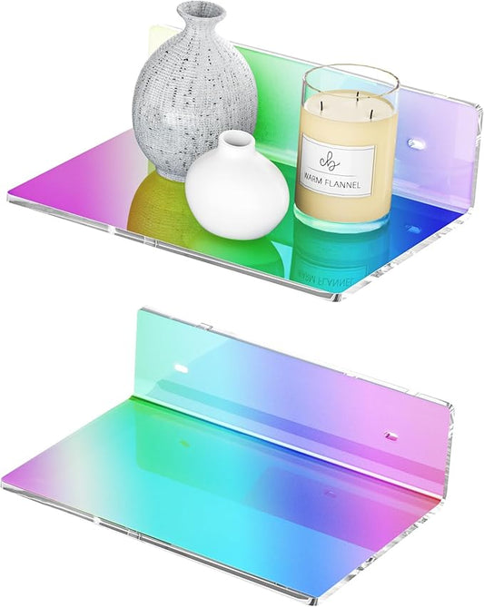 9 Inches Iridescent Floating Shelves Acrylic, White Wall Shelves for Living Room Décor, Bedroom, Bathroom, Kitchen, Dining Room, Brand Store, Retails, Gaming Room, 2 Pack-NeatNest