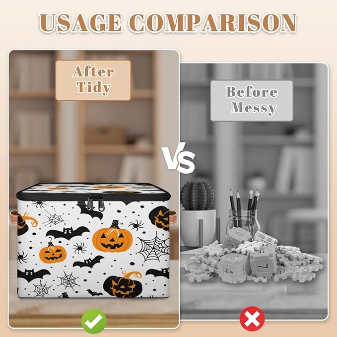 Halloween Pumpkin Storage Bins with Lids, Spiders Bat Fabric Storage Boxes with Zipper, Collapsible Decorative Closet Organizer Cube for Clothes,Organizing, Shelves-NeatNest